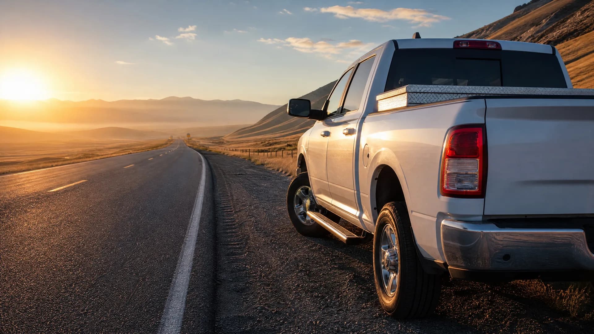 A white crew-cab pickup truck parked on the gravel shoulder of a two-lane highway, with dry hills and distant mountains under a low sun.