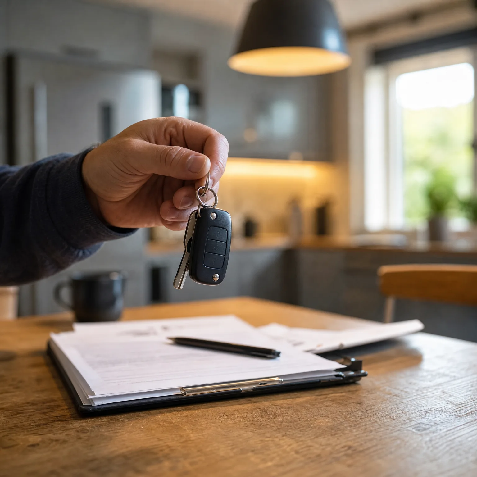 A hand holds a folding car key over a wooden table where a clipboard with printed documents and a pen rests, in a blurred kitchen interior.